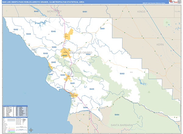 San Luis Obispo-Paso Robles-Arroyo Grande Metro Area Wall Map Basic Style
